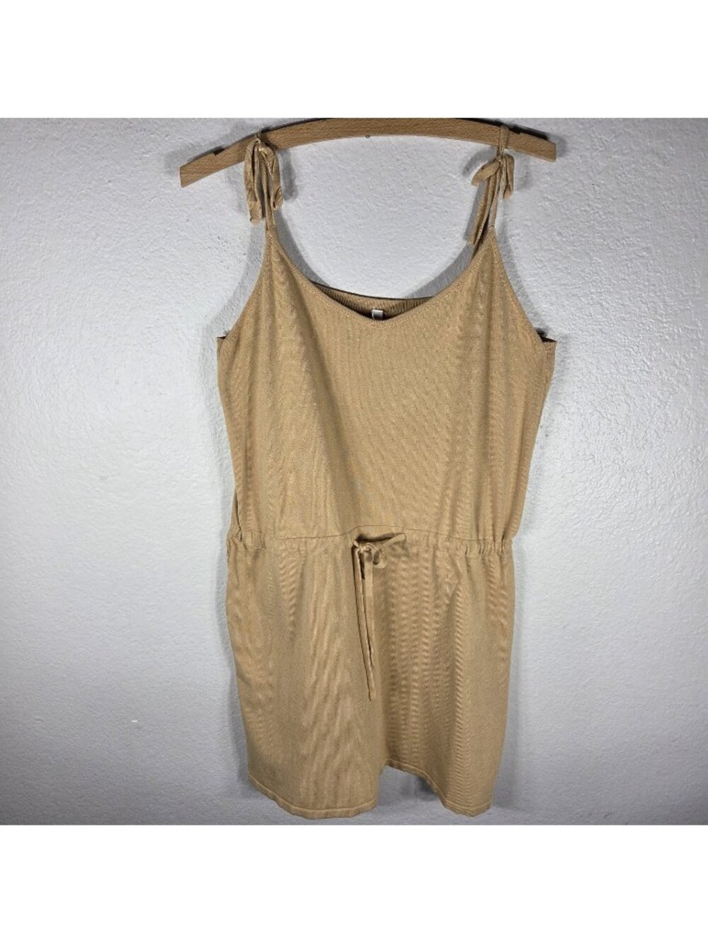 Wishlist Sz L Sleeveless Tan Knit Mini Dress V-Neck Drawstring Waist Tie Straps